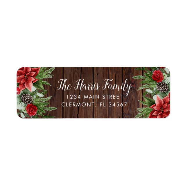 Spruce Pinecone and Poinsettia on Wood Return Address Label (Front)