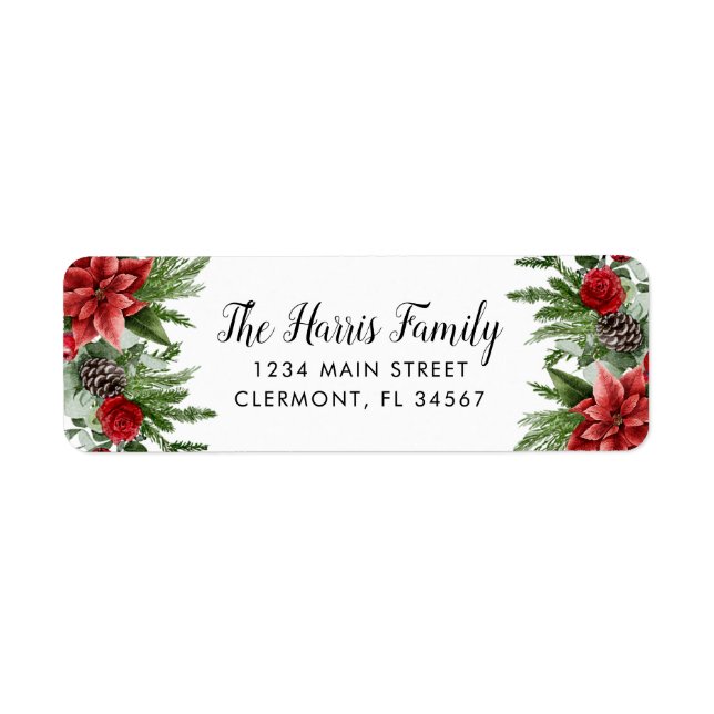 Spruce Pinecone and Poinsettia Return Address Label (Front)