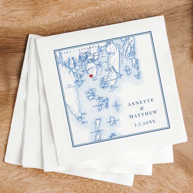 Spruce Point Inn Boothbay Harbour Maine Map Weddin Napkin (Spruce Point Inn Boothbay Harbor Maine Map custom wedding napkins in elegant navy blue)