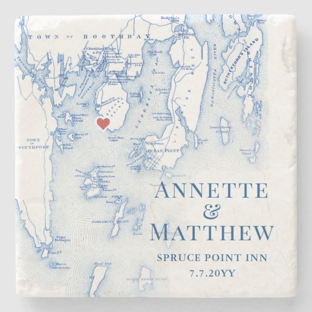 Spruce Point Inn Wedding Favour Boothbay Maine Map Stone Coaster (Front)