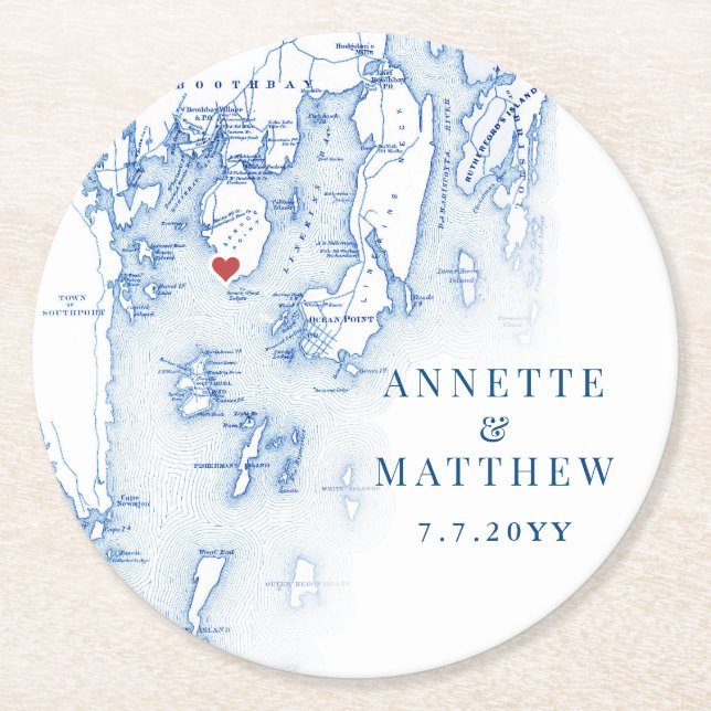 Spruce Point Maine Map Elegant Blue Wedding Favour Round Paper Coaster (Front)