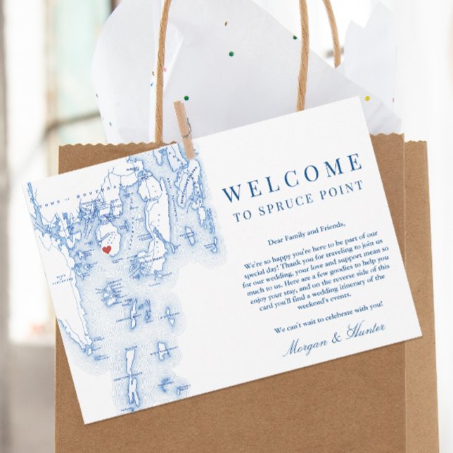 Spruce Point Maine Map Wedding Welcome Itinerary Thank You Card (Welcome To Spruce Point Inn Maine Wedding Itinerary and Weekend Events Letter in elegant navy blue)