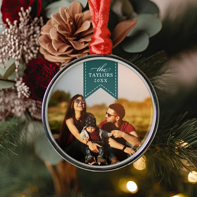 Spruce Ribbon | Personalised Name & Year Photo Metal Ornament (Creator Uploaded)