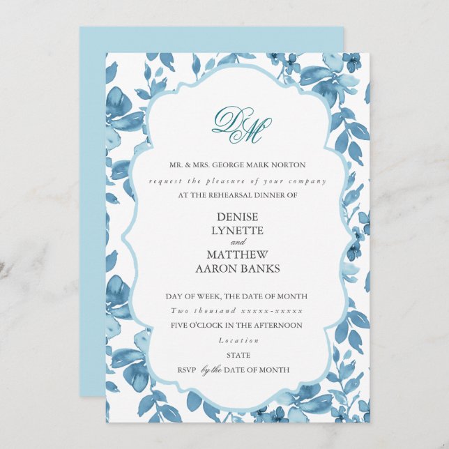 Spun Sugar & Skydiver Blue Wedding Rehearsal Invitation (Front/Back)