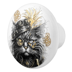 Spunky Paws The Funky Steampunk Cat Ceramic Knob