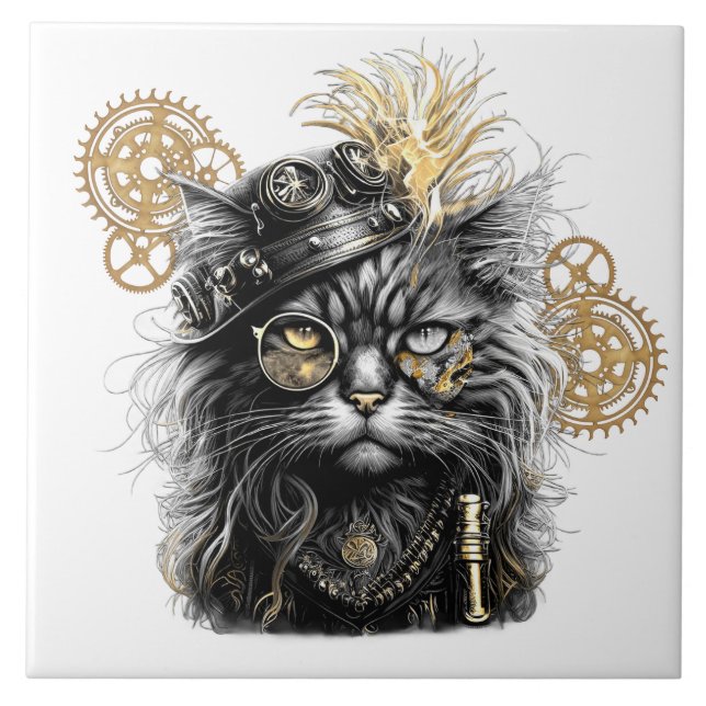 Spunky Paws The Funky Steampunk Cat  Ceramic Tile (Front)