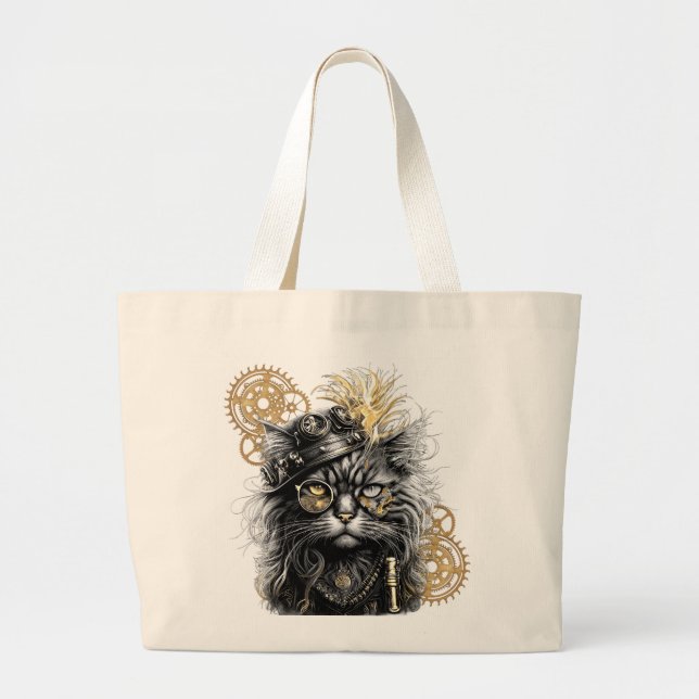 Spunky Paws The Funky Steampunk Cat  Large Tote Bag (Front)