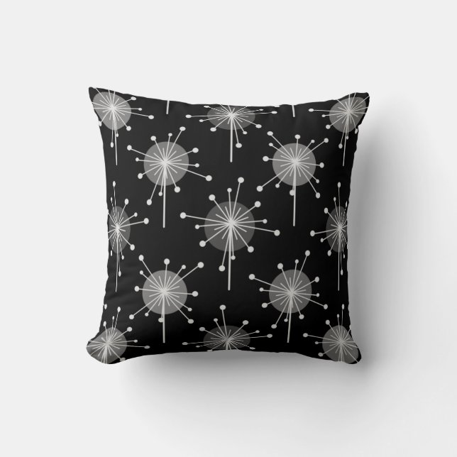 Sputnik Starburst Flowers Black Grey Cushion (Front)
