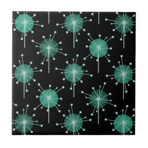 Sputnik Starburst Flowers Black Teal Ceramic Tile