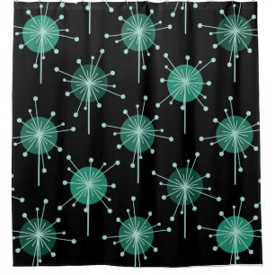 Sputnik Starburst Flowers Black Teal Shower Curtain
