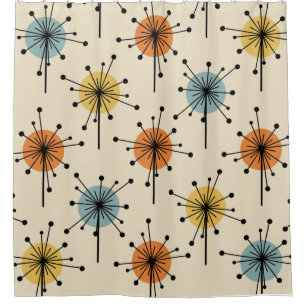 Sputnik Starburst Flowers Retro Shower Curtain