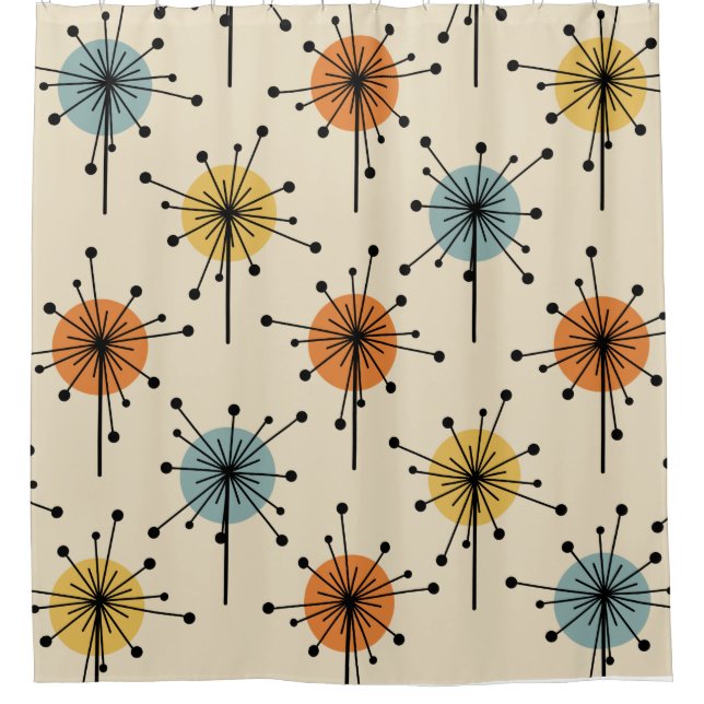 Sputnik Starburst Flowers Retro Shower Curtain (Front)