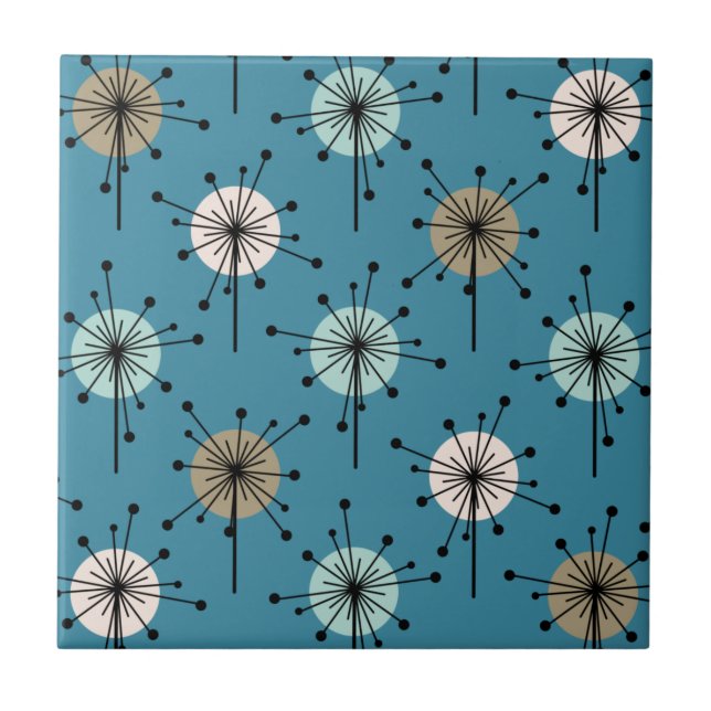 Sputnik Starburst Flowers Teal Gold Ceramic Tile (Front)