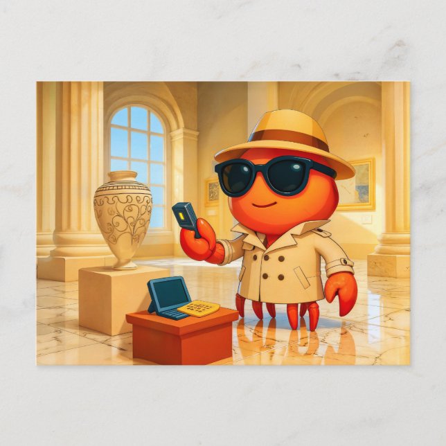 Spy Crab Analysing Data In Museum Exhibit Postcard (Front)