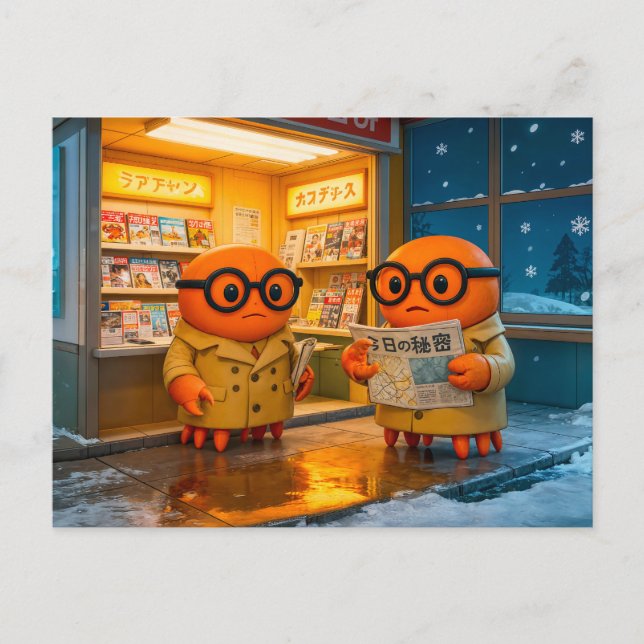 Spy Crabs Investigating Colorful Japanese Newsstan Postcard (Front)