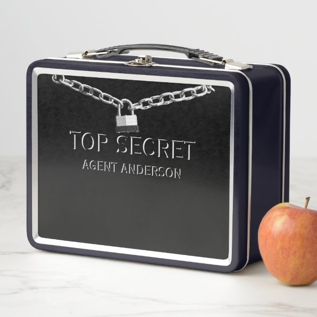 SPY or AGENT Personalised Top Secret Kids Black Metal Lunch Box (In Situ)