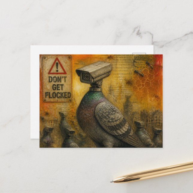 Spy Pigeons With Warning Signs Encaustic Collage Postcard (Front/Back In Situ)