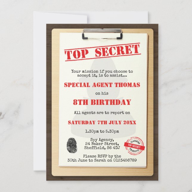 Spy themed birthday party invitation (Front)