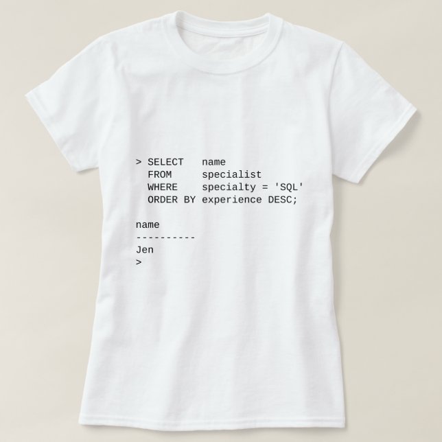 SQL Database Specialist: Jen T-Shirt (Design Front)