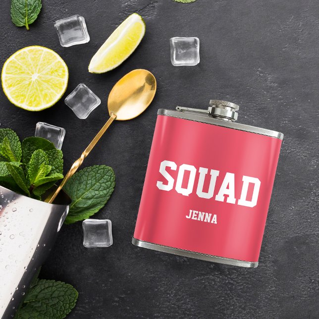 Squad Coral Pink & White Personalised Bridesmaid Hip Flask (Creator Uploaded)