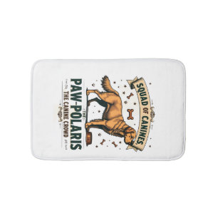 Squad of Canines Vintage Dog Pun Graphic with Gold Bath Mat
