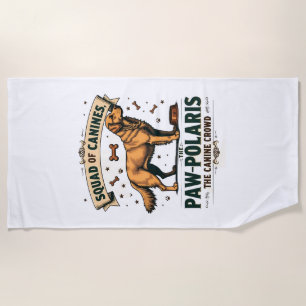 Squad of Canines Vintage Dog Pun Graphic with Gold Beach Towel