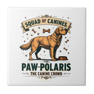 Squad of Canines Vintage Dog Pun Graphic with Gold Ceramic Tile