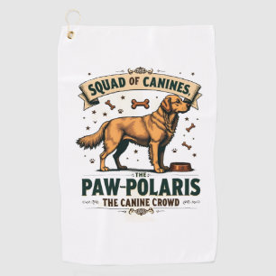 Squad of Canines Vintage Dog Pun Graphic with Gold Golf Towel