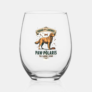 Squad of Canines Vintage Dog Pun Graphic with Gold Stemless Wine Glass