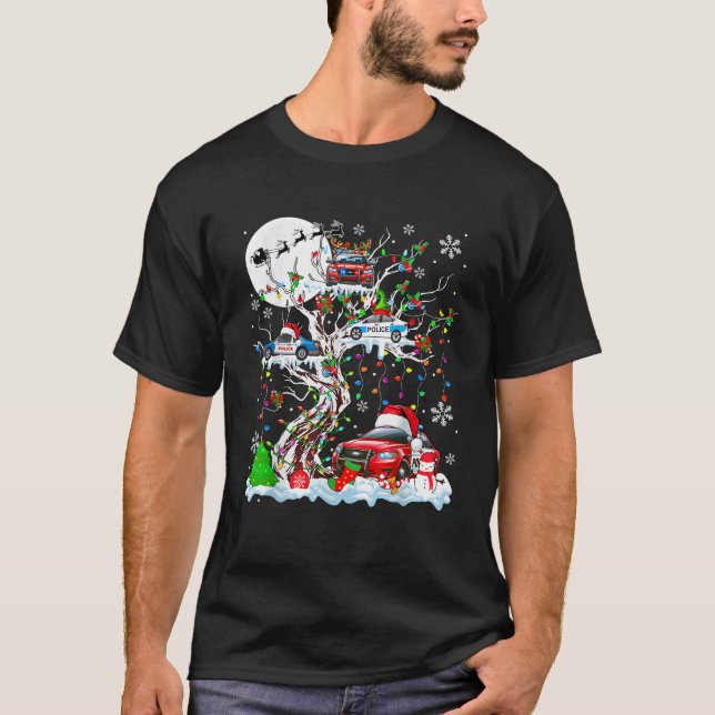 Squad Santa Reindeer Elf Police Cars On Xmas Tree  T-Shirt (Front)
