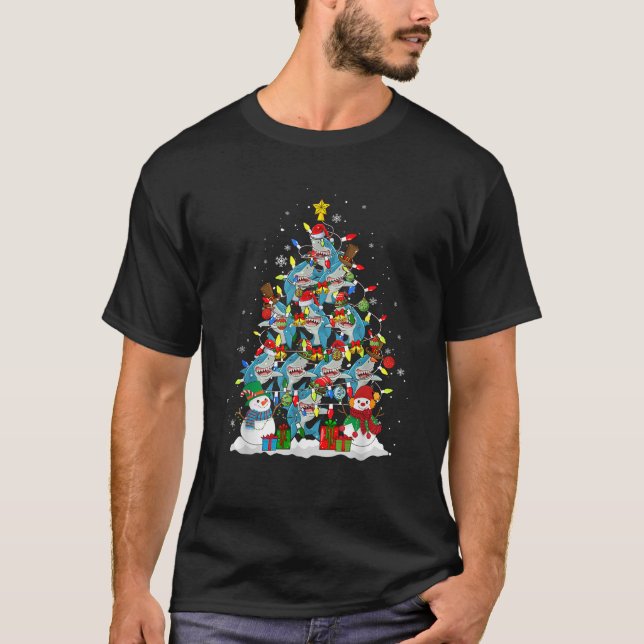 Squad Santa Reindeer Elf Sharks Christmas Tree Sea T-Shirt (Front)