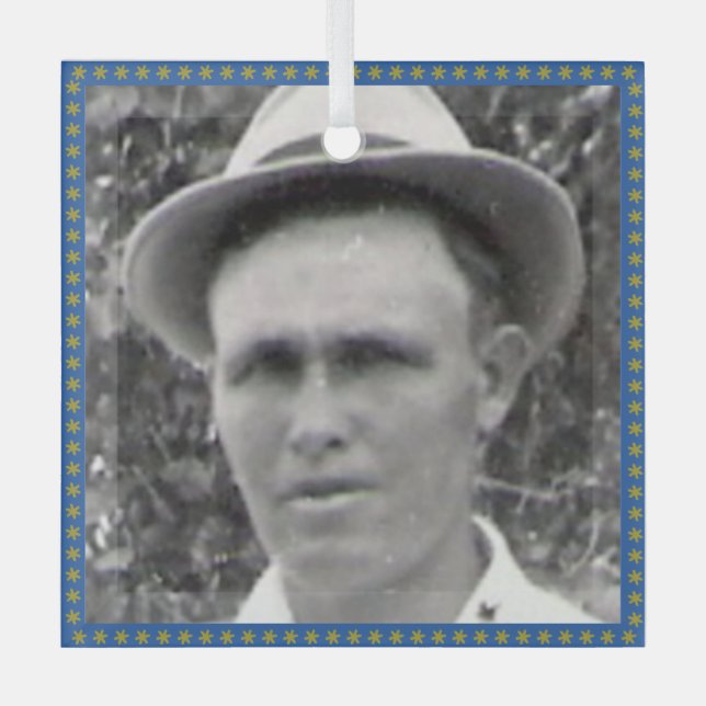 Square Ancestor Photo Blue and Gold Frame Ornament (Front)