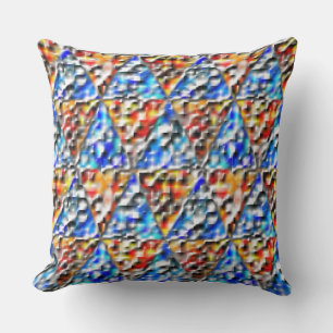 Square and triangle mosaic, cyan blue and orange cushion