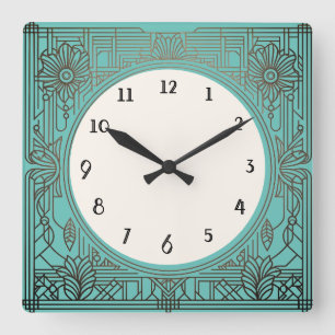 Square Art Deco Clock in Aqua Turquoise Teal