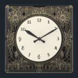 Square Art Deco Clock in Black and Beige Gold<br><div class="desc">art deco clock, art nouveau clock, gold cream white, 1920s square, stylish sophisticated 1920 style, retro vintage antique, old fashioned fancy, faux golden line art, simple minimalist square clock, minimal elegant pattern design</div>