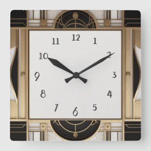 Square Art Deco Clock in Black White and Gold
