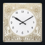 Square Art Deco Clock in Cream White and Gold<br><div class="desc">art deco clock, art nouveau clock, gold cream white, 1920s square, stylish sophisticated 1920 style, retro vintage antique, old fashioned fancy, faux golden line art, simple minimalist square clock, minimal elegant pattern design</div>