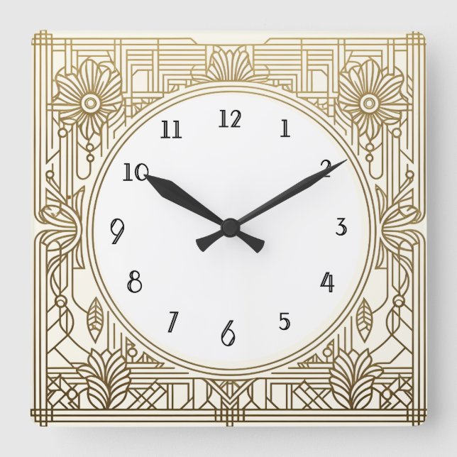 Square Art Deco Clock in Cream White and Gold (Front)