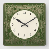 Square Art Deco Clock in Dark Green and Gold
