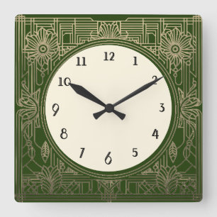 Square Art Deco Clock in Dark Green and Gold