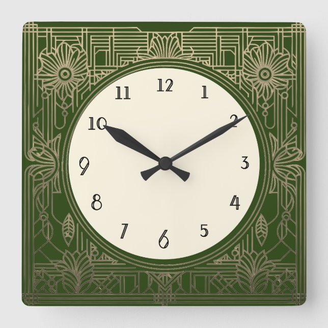 Square Art Deco Clock in Dark Green and Gold (Front)