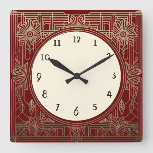 Square Art Deco Clock in Dark Red and Gold