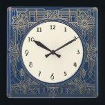 Square Art Deco Clock in Navy Dark Blue and Gold<br><div class="desc">art deco clock, art nouveau clock, gold cream white, 1920s square, stylish sophisticated 1920 style, retro vintage antique, old fashioned fancy, faux golden line art, simple minimalist square clock, minimal elegant pattern design</div>
