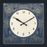 Square Art Deco Clock in Navy Dark Blue and Gold<br><div class="desc">art deco clock, art nouveau clock, gold cream white, 1920s square, stylish sophisticated 1920 style, retro vintage antique, old fashioned fancy, faux golden line art, simple minimalist square clock, minimal elegant pattern design</div>