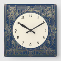 Square Art Deco Clock in Navy Dark Blue and Gold