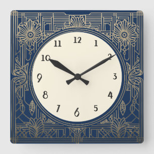 Square Art Deco Clock in Navy Dark Blue and Gold