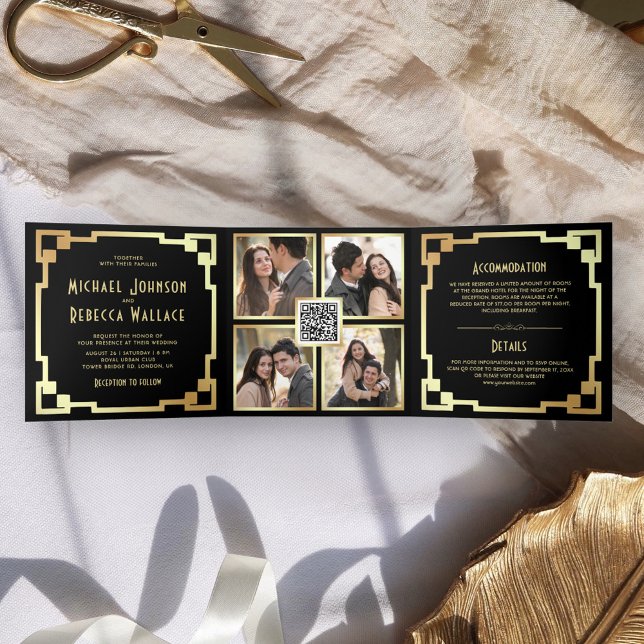 Square Art Deco Frame Black Gold QR Code Wedding Tri-Fold Invitation (Creator Uploaded)