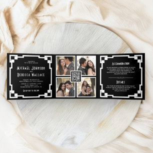 Square Art Deco Frame Black White QR Code Wedding Tri-Fold Invitation