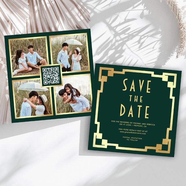 Square Art Deco Frame Emerald Gold QR Code Wedding Save The Date (Creator Uploaded)