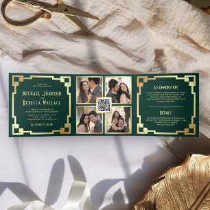 Square Art Deco Frame Emerald Gold QR Code Wedding Tri-Fold Invitation